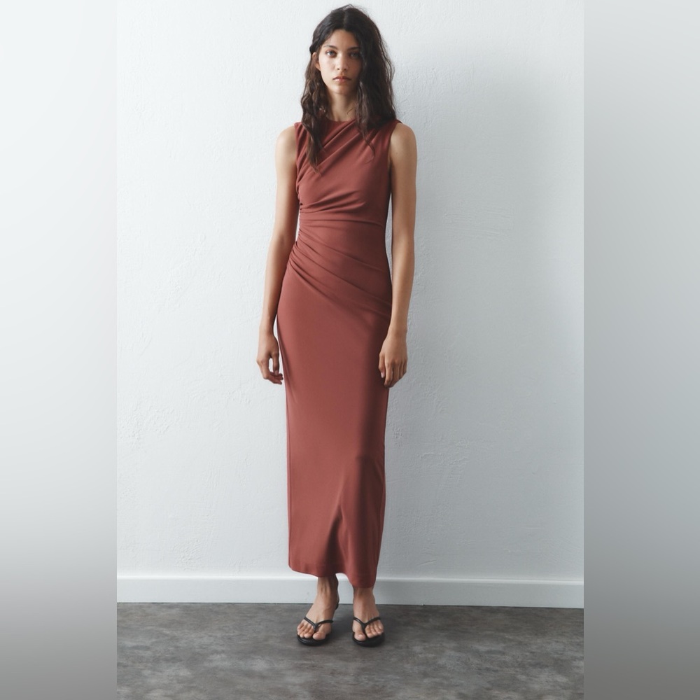 Zara Red Brown Ruched Dress